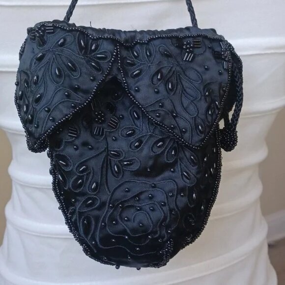 Beaded Mini Drawstring Shoulder Bag Purse Fully Lined Womens Black, 6"x6" EUC - Picture 3 of 12